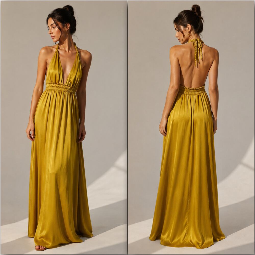 LoveShackFancy Golden Satin Plunge V-Neck Braided Halter Open Back Maxi Dress
